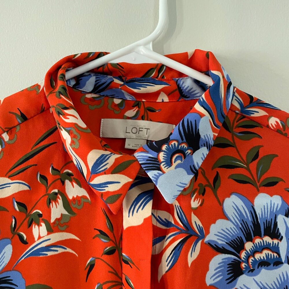 Ann Taylor LOFT Long Sleeve Floral Blouse Orange Blue flowers hawaiian look - Picture 9 of 10